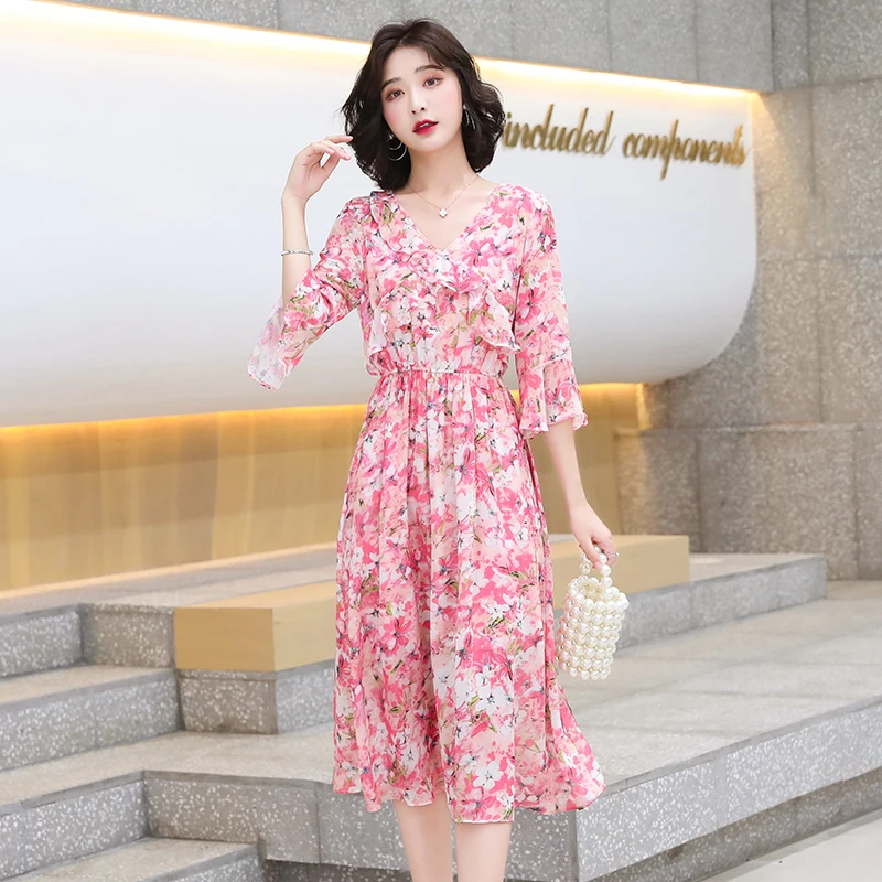 

Women Long Floral Pink Dress Summer 2022 Runway Elegant Vintage Boho Korean Retro Fairy Casual Sea Beach Vacation Party Vestidos