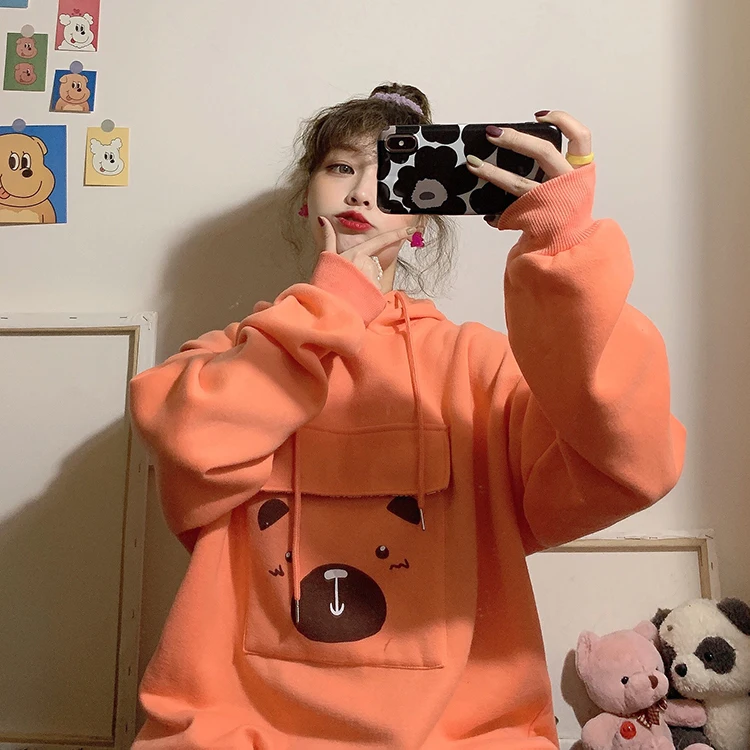 Женские толстовки из плотного бархата с мультяшным принтом и передним карманом, универсальные милые толстовки для девочек, высокое качество, Harajuku BF