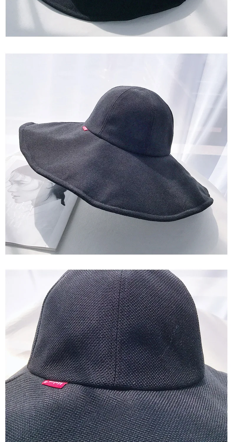 Harajuku Solid Large Eaves Cotton Linen Sun Hat Women Outdoor UV Protection Sunshade Hat Leisure Joker Sunscreen Bonnet Trendy