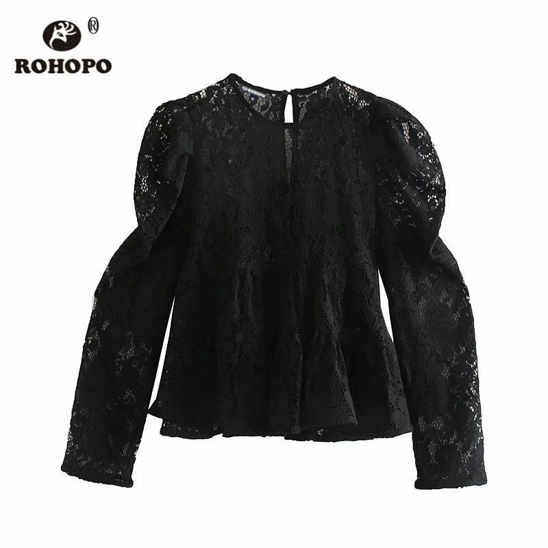 ROHOPO/пышные кружевные топы с длинными рукавами; блузка с круглым воротником и пуговицами; Черная кружевная рубашка с оборками на подоле; блуза#6558
