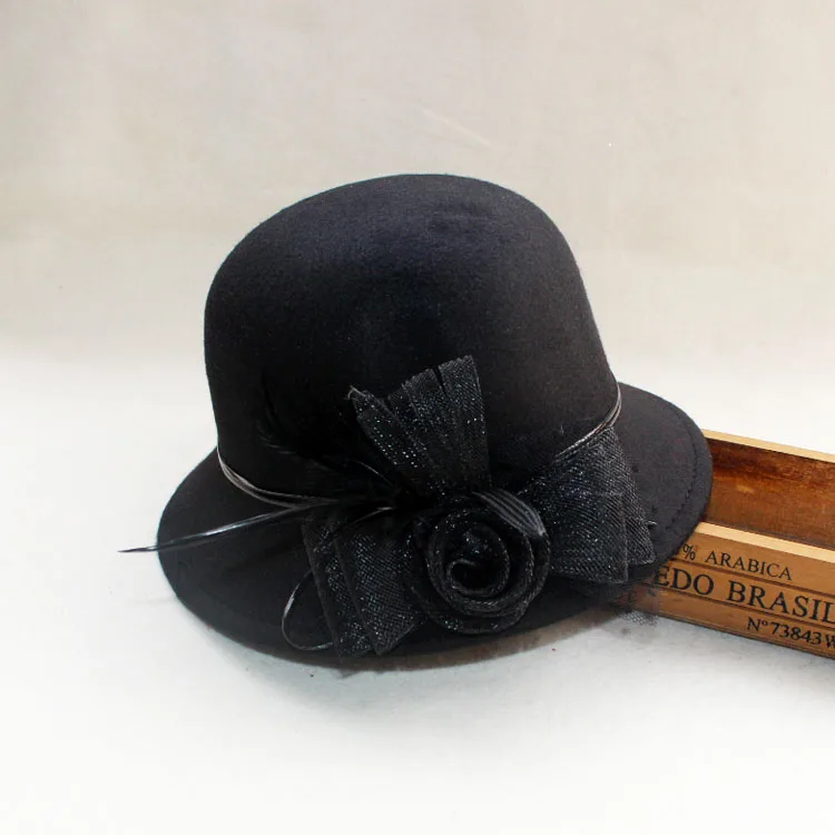 Наряд для родителей и ребенка шерстяная шляпа Fedora Детские Панамы утепленной детской одежды в цветочек шерстяная шапочка для бассейна в сезон осень-зима; Женская мода шапки - Цвет: Черный