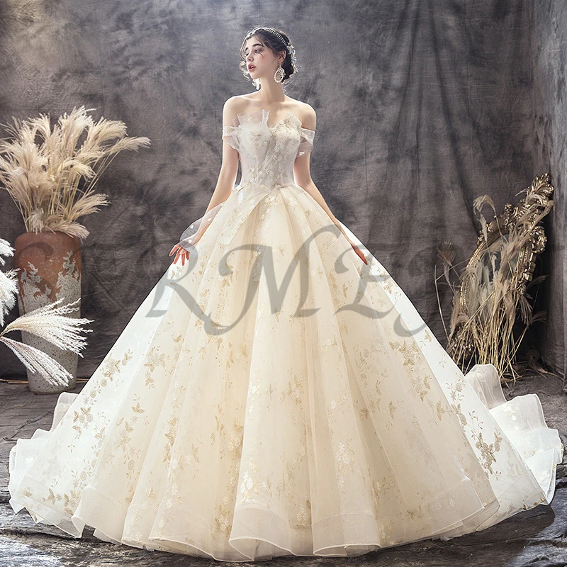 SERMENT Luxury Church Wedding Dress Off The Shoulder Back Lace Up Cathedral Boat Neck Applique Adornment Free Custom Made