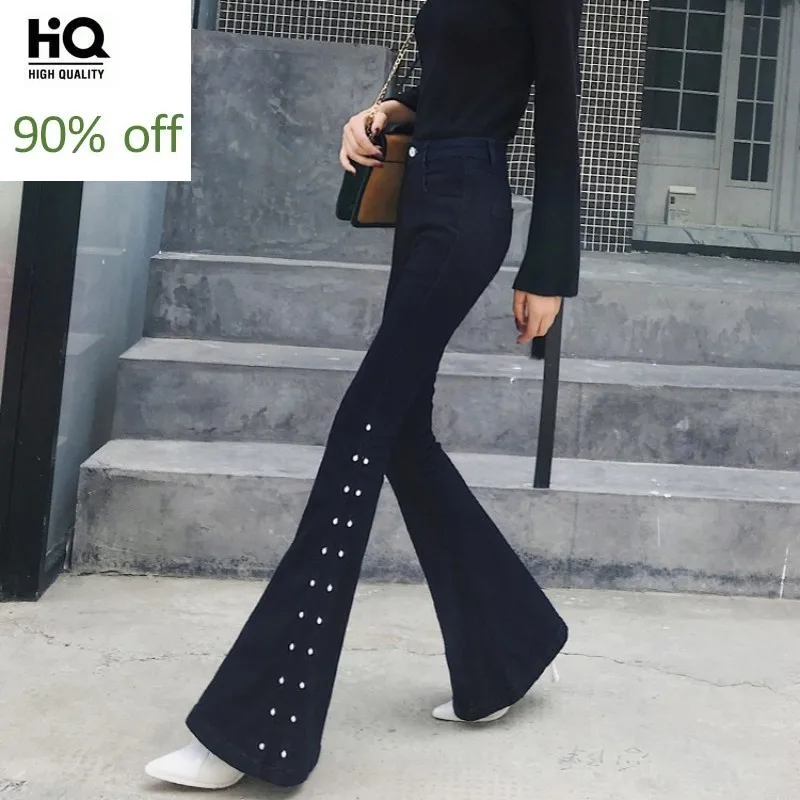 

Sexy Women Skinny High Waist Boot Cut Jeans Office Ladies Beads Bell-bottomed Pants Casual Vintage Denim Flare Trousers Jeans