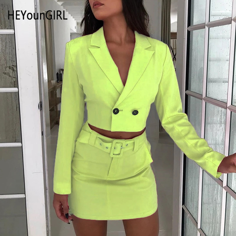 

HEYounGIRL Neon Green Two Piece Crop Jacket Skirt Set Autumn Long Sleeve Matching Sets High Street 2 Pieces Outfits for Women