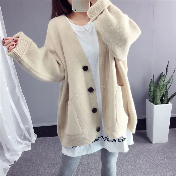 

2019 Autumn Casual Long Sleeve Knit Sweater Women Korean Loose Pockets Oversized Cardigan Coat