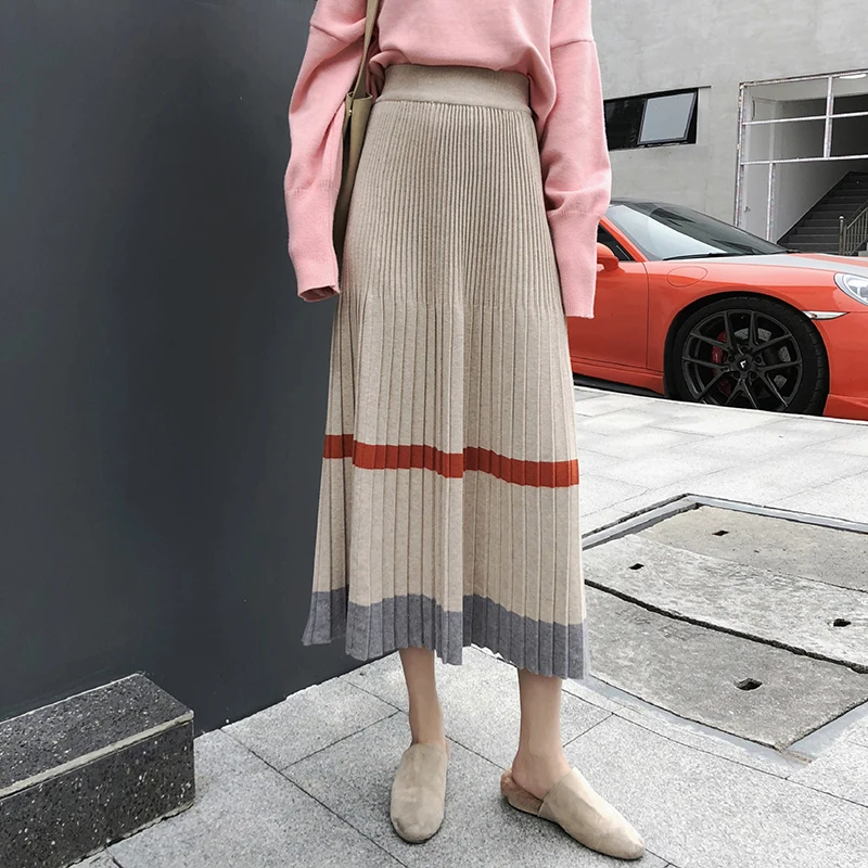 New Autumn Winter Warm Pleated Skirts Womens High Waist Contrast Color Knitted Midi Skirt Korean Style Ladies A Line Skirt Falda