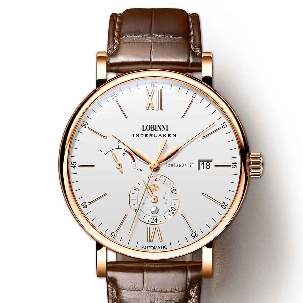 Rose Brown Leather Роскошные Брендовые мужские часы LOBINNI из розового золота автоматические механические мужские часы сапфир 50 м водонепроницаемые 24 часа relogio - Цвет: Rose Brown Leather