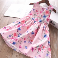Весеннее Хлопковое платье-майка с цветочным принтом и воротником для маленьких девочек, детская одежда