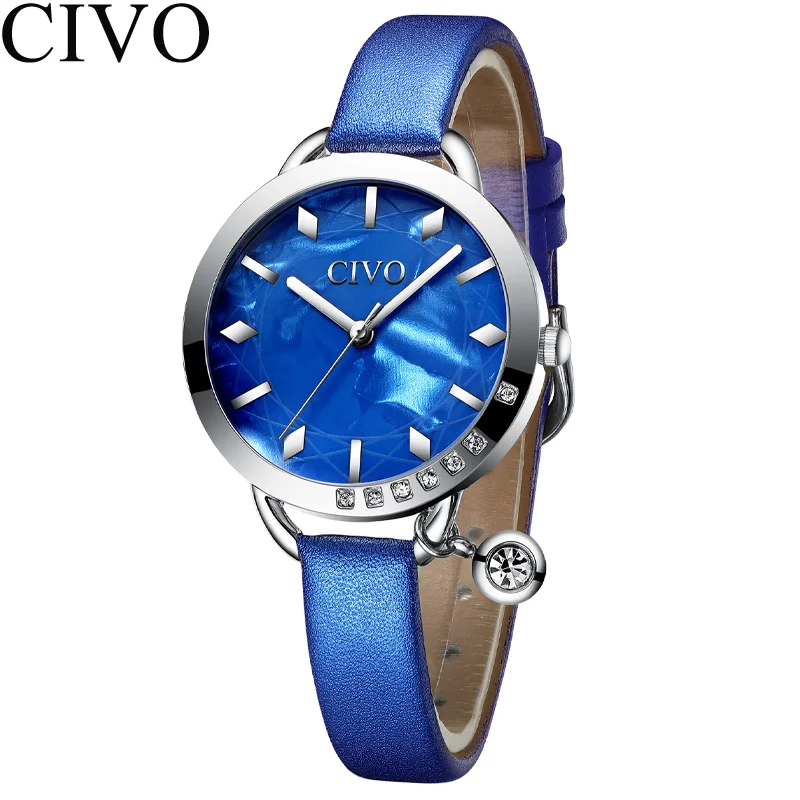 Relogio feminino CIVO модный синий кожаный ремешок женские наручные часы Роскошные Кристальные водонепроницаемые повседневные часы женские подарочные часы - Цвет: leather silver