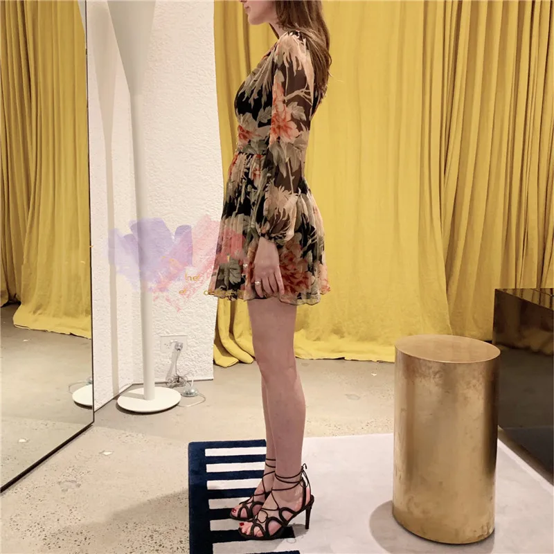Boho Винтаж осень цвет цветы шелковая смесь Высокая талия с длинным рукавом комбинезон шорты глубокий v-образный вырез сексуальная модная одежда для вечеринок