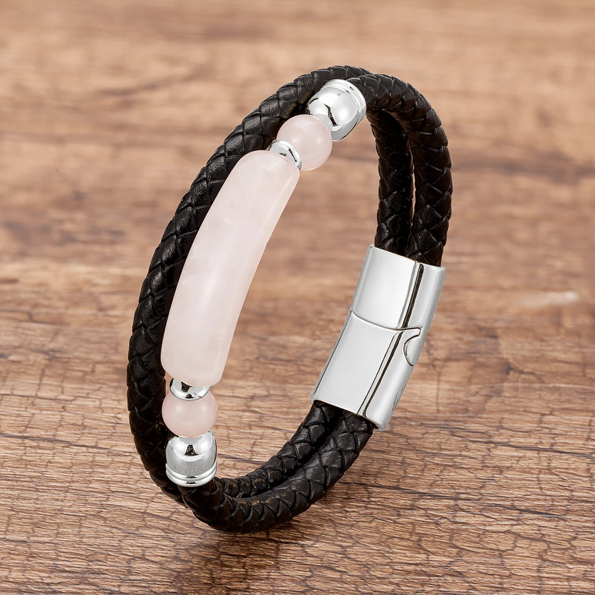 Fashion Echtes Leder Armband Männer Multilayer Seil Natürliche Stein Armbänder Edelstahl Magnetische Schließe Armreif Männlichen Schmuck – Detail 16
