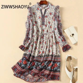 

ZIWWSHAOYU Female Fashion Spring Chiffon Midi Dress Women's Flare Sleeve Ruffles Floral Printed Elegant Vintage Holiday Dresses