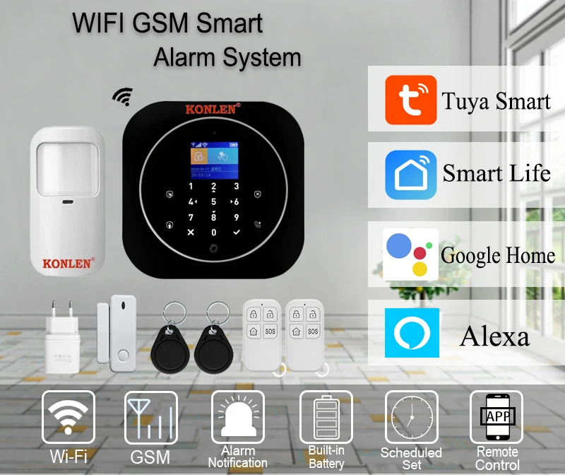 KONLEN Tuya wifi GSM сигнализация Охранная домашняя беспроводная сенсорная lcd умная камера детектор дыма датчик двери Google Alexa управление