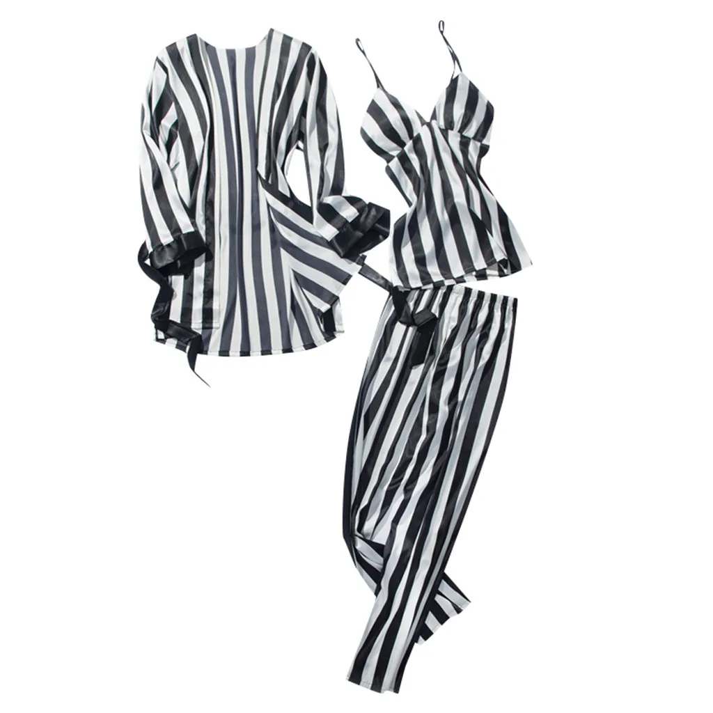 

Women's night suit Fashion Striped Pajamas Sleepwear Long Trousers Nightwear 3PC Set sexy nightwear 2019 pijama mujer invierno