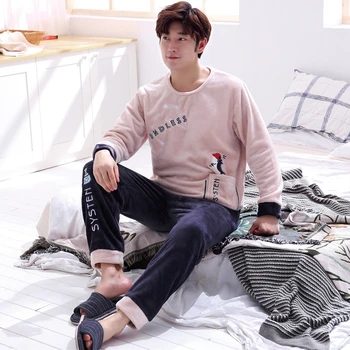 

2020 Winter Couples Thick Warm Flannel Pajamas Sets For Women Long Sleeve Coral Velvet Pyjama Cute Sleepwear Men Lounge Homewear