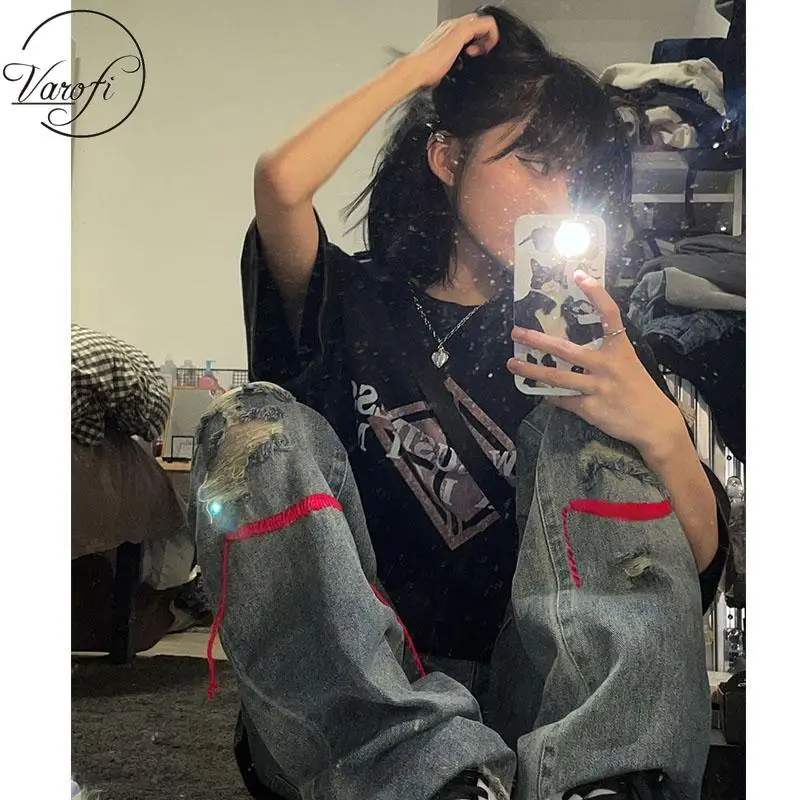 

Varofi Ripped jeans ladies high street hiphop high waist straight leg pants ripped jeans for women y2k pants jeans for women