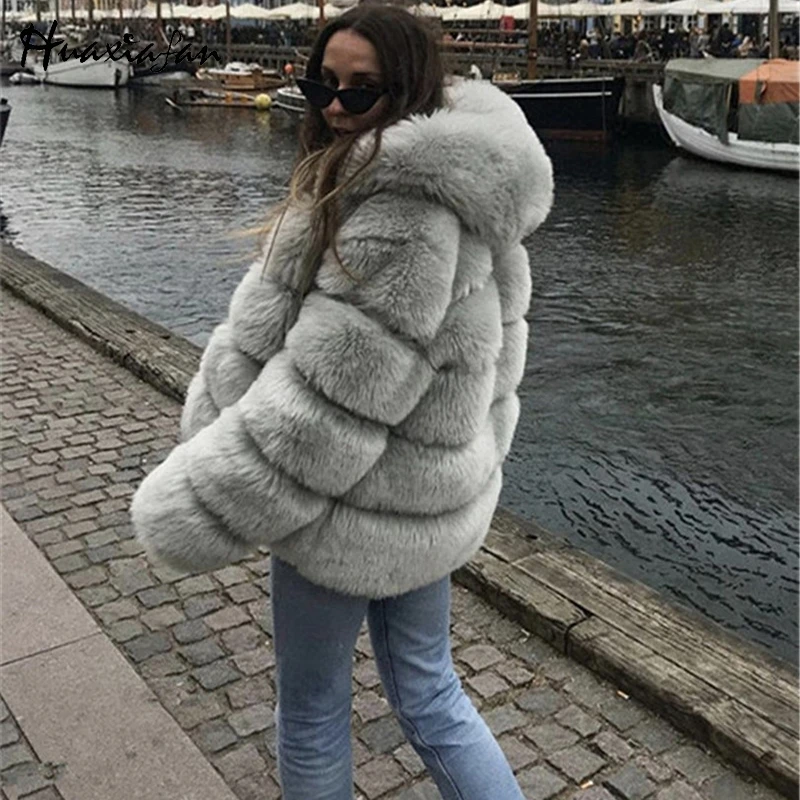 Huaxiafan, женские зимние пальто из искусственного меха, куртки с капюшоном размера плюс, длинные рукава, женские теплые пальто, роскошная куртка, верхняя одежда из искусственного меха