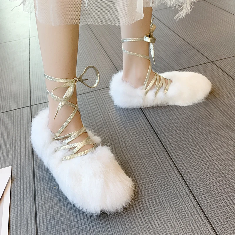 

New Warm Plush Women Flats Shoes Plus Size Comfortable Loafers Solid Color Slip on Lace Up Winter Shoes Woman Flats Ladies Shoes