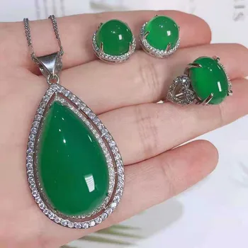 

Natural jade pendant high grade luxury 925 silver with zircon inlaid green jade pendant three piece set