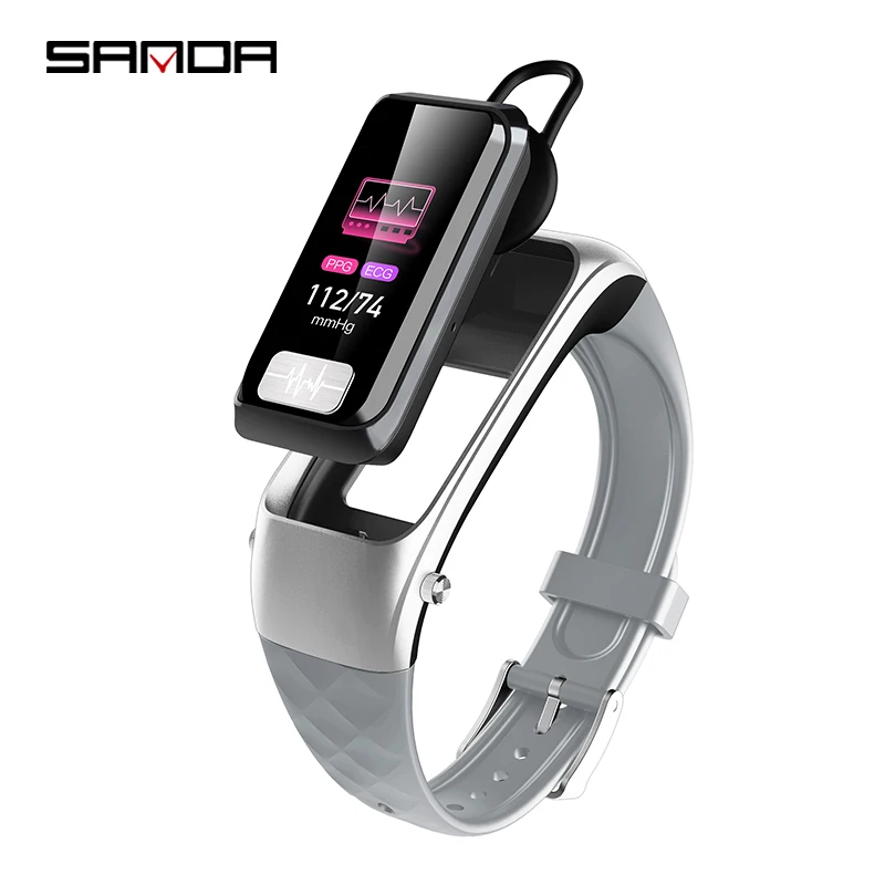 SANDA 2 в 1 bluetooth-гарнитура Смарт часы ECG+ PPG беспроводные наушники кровяное давление пульсометр ремешок для умных часов браслет - Цвет: Серебристый