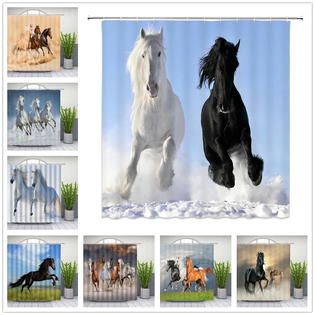 Black White Horse Shower Curtains Strong Animal Running on the Snow Bathroom Decor Home Bathtub Waterproof Polyester Curtain Set