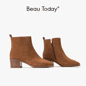 

Genuine Cow Suede Leather Women Boots Square Toe High Heel Shoes with Side Zipper Winter Lady Boots Handmade BeauToday 03351
