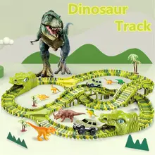 Dinossauro brinquedo ferroviário pista de corrida carro brinquedo conjunto educacional curva flexível pista de corrida flash luz carro brinquedos para crianças meninos