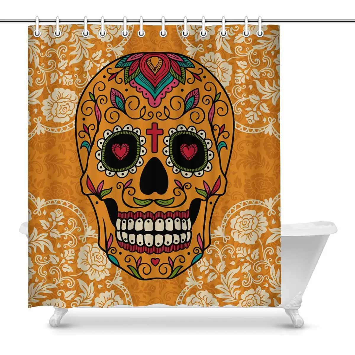 

Mexican Sugar Skull on Lace Damask Background House Decor Shower Curtain for Bathroom Decorative Bathroom Shower Curtain Set