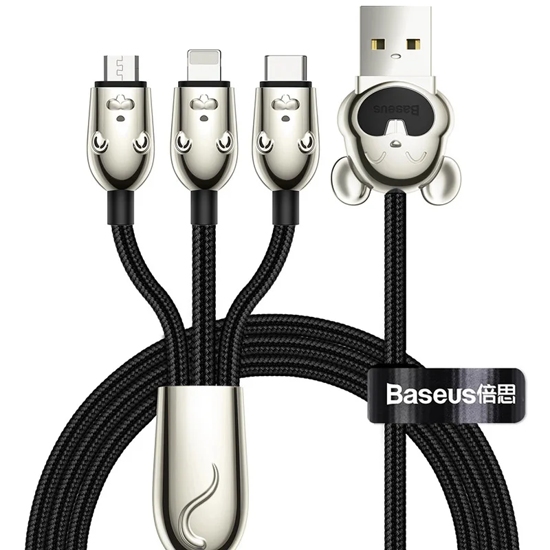 Usb-кабель Baseus 3 в 1 type C для iPhone XR XS Max, зарядный кабель USB type C для samsung S10 S9 huawei, светодиодный кабель Micro usb - Цвет: Black 3 in 1 Cable