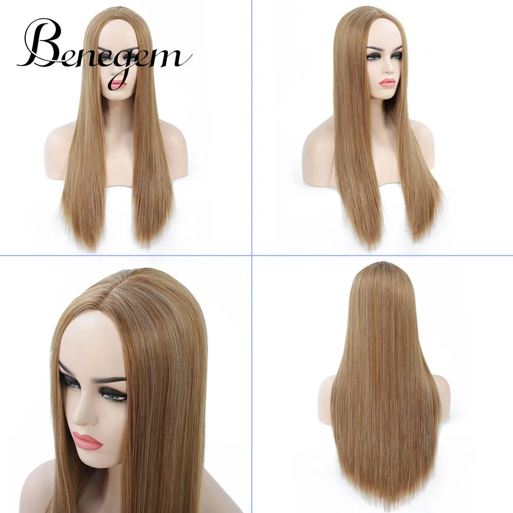 Benegem 24 inch Long Black Wig Synthetic Straight Women Wig Middle Part Non-Lace Cosplay Wigs for Party Costume 60 cm