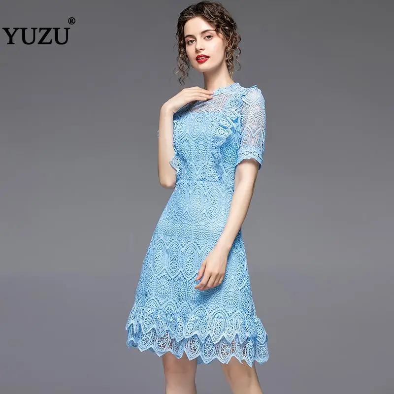 

Noble Lace Dress Women Elegant Fashion Office Short Sleeve Ruffles A-line Solid Hollow Out Mini Dresses Light Blue Mint Green