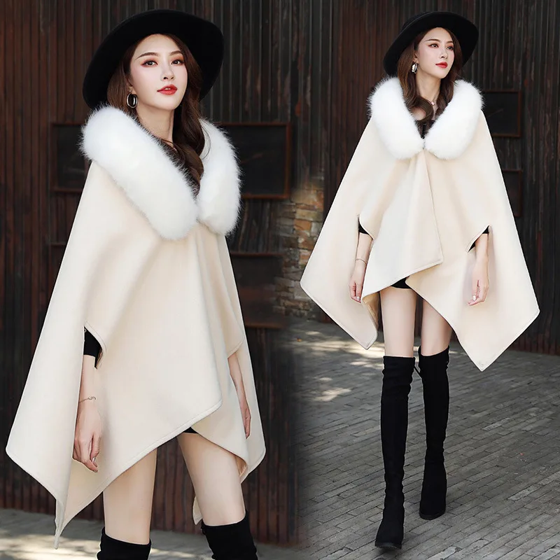 

Fashion Elegant Debutante Woolen Jacket Solid Color Hidden Button Commuting dou peng xing Shawl Coat