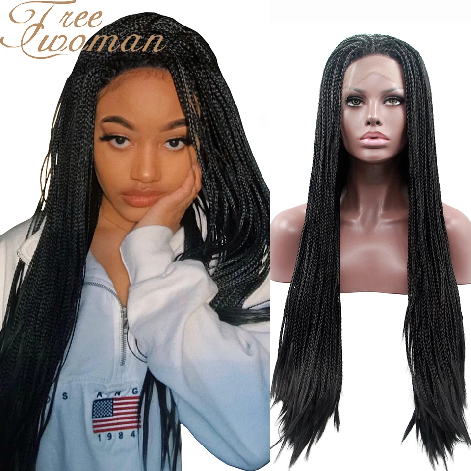 Wig Lace-Wig Braids Cosplay FREEWOMAN Hair Synthetic Long Women Black 24in for Heat-Resistant