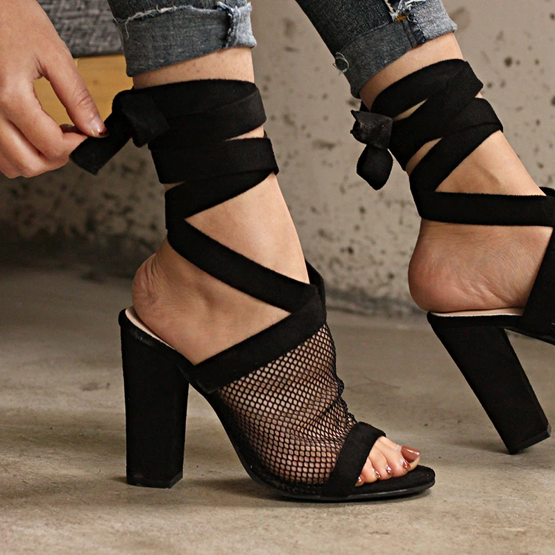 

Women Sandals Sexy High Heel Sandals For Summer Shoes Woman Breathable Mesh Sandalias Mujer Nice Square Heel Chaussures Femme