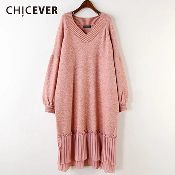 

CHICEVER Knitted Pink Autumn Dress For Women V Neck Lantern Sleeve High Waist Oversize Loose Midi Dresses Female 2020 Fashion