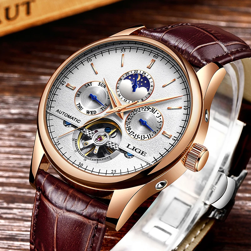 Mechanical Watch Diver Watch Mens Automatic Mechanical Watch Leather Waterproof Watch Week Clock+Box