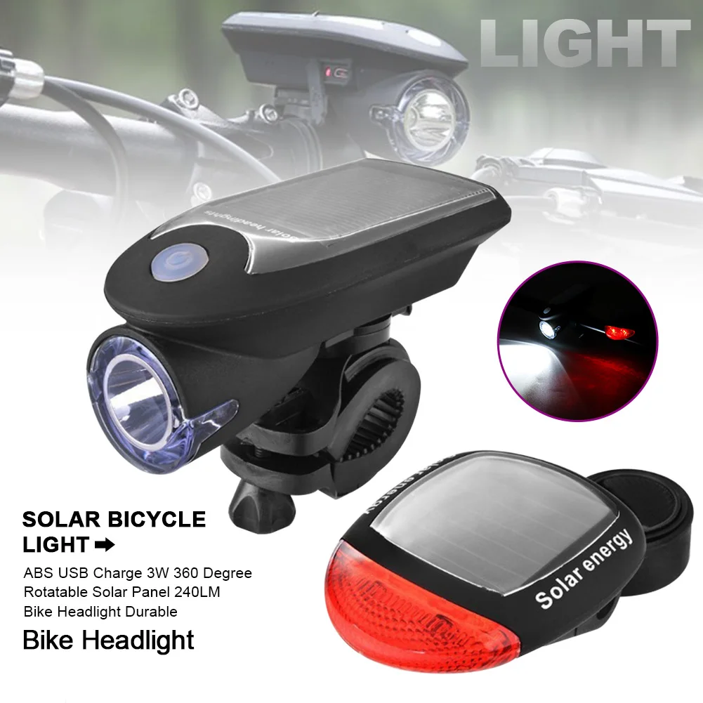 Bike Headlight Solar Panel 240LM USB Charge Cycling Taillight Led 3W Warning Super Bright Durable 360 Degree Rotatable ABS