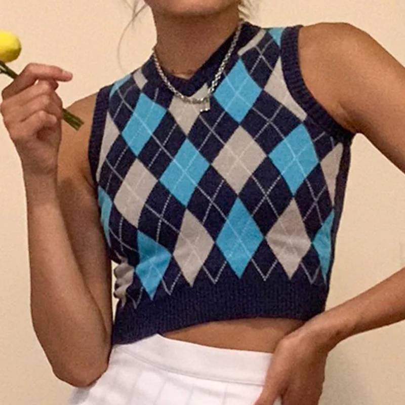 Женский винтажный свитер с v образным вырезом LASPERAL черный клетчатый вязаный