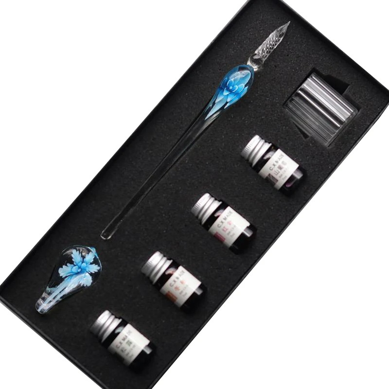 light blue 7pcs Стекло каллиграфия ручка кристалл стекло Dip чернила Ручка Набор неуглеродистые чернила ручки для подписи пишущие инструменты GK99 - Цвет: light blue 7pcs