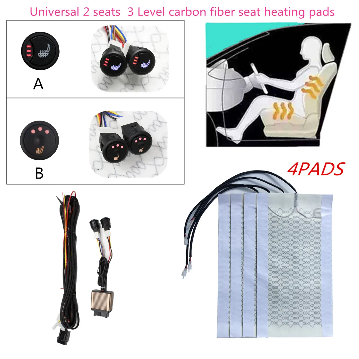 4pcs 3 Level 12v Carbon Fiber Universal Car Heated Heating Heater Seat