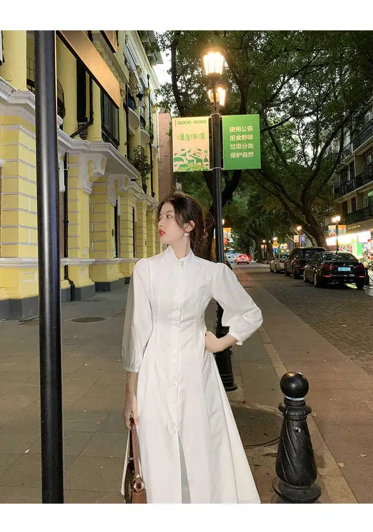 White Dress Women Summer New Design Midi Retro Streetwear A-line Lantern Sleeve Casual Single Breasted Temperament Classy Ladies fancy dress