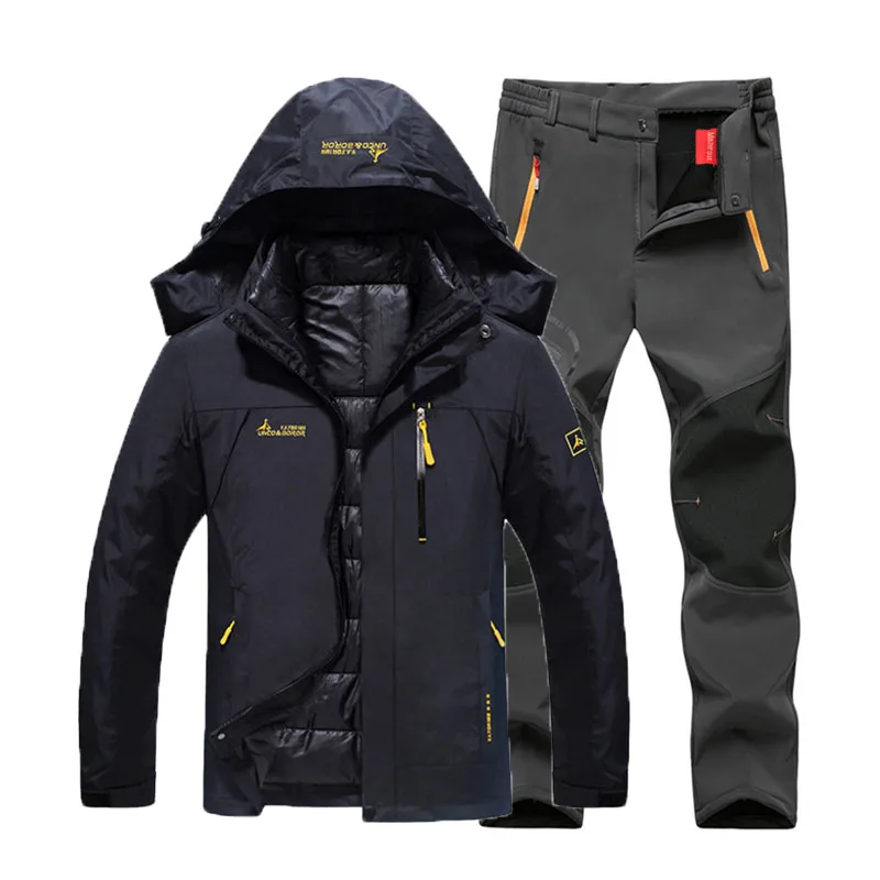 Black Gray set Мужские зимние водонепроницаемые рыболовные термо брюки размера плюс походные лыжные альпинистские куртки 3 в 1 комплект 6XL костюм - Цвет: Black Gray set
