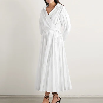 

Women White Maxi Shirt Dress Summer Long Sleeve High Waist Sashes Tunic Pleated Dress