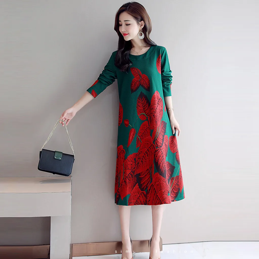 Women Dress Casual Long Sleeve O-Neck Printed Loose Dress Fashion Female Autumn Winter Party Dress Vestidos Plus Size M840