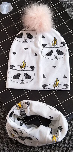 panda C Весенне-осенняя шапка для девочек, шарф, комплект с рисунком панды, кота, шапка для маленьких мальчиков и девочек, детская шляпа, шарф-воротник, хлопковый детский набор с шапочкой - Цвет: panda C