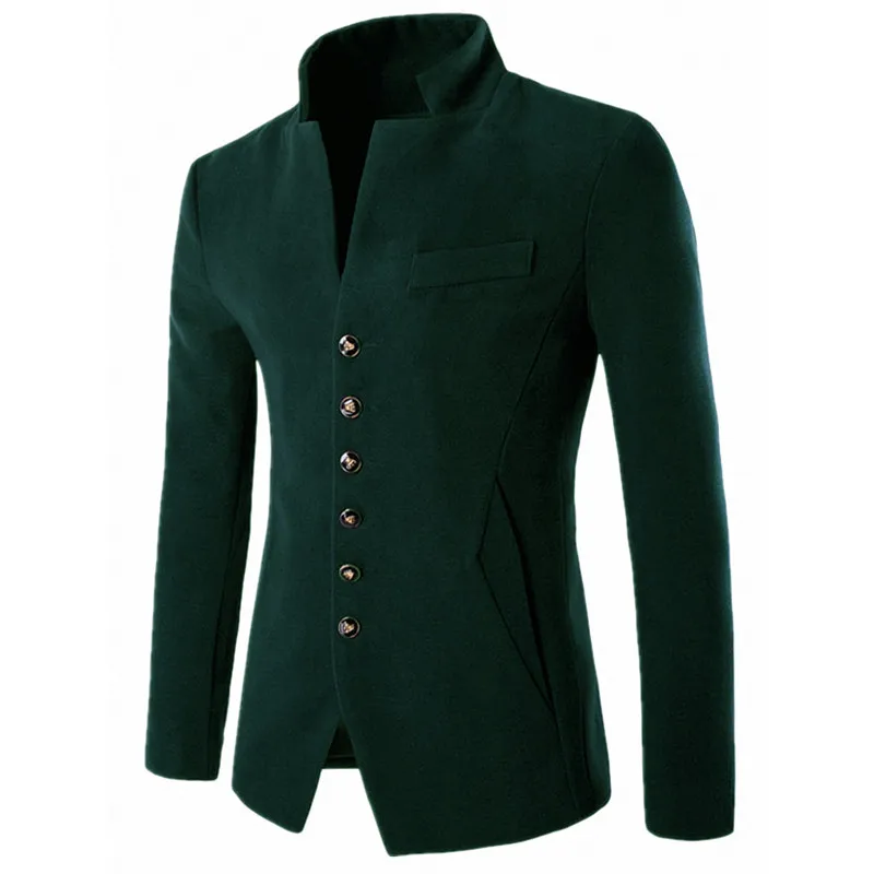 Мужское красивое вельветовое спортивное пальто, приталенное, свадебное, на пуговицах, смокинг, куртка со стоячим воротником, повседневная верхняя одежда, вечерние, деловые - Color: Dark Green