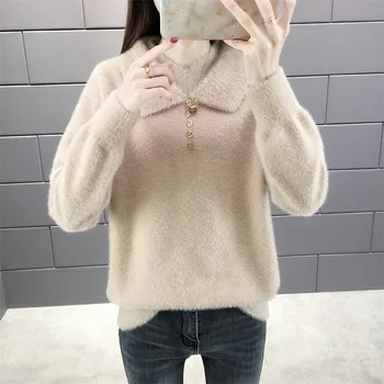 

Women Lantern Sleeve Pullover Sweaters 2019 New Fake Two Piece Turn-down Collar Pullover Solid Warm Sweaters for Women Knitwear