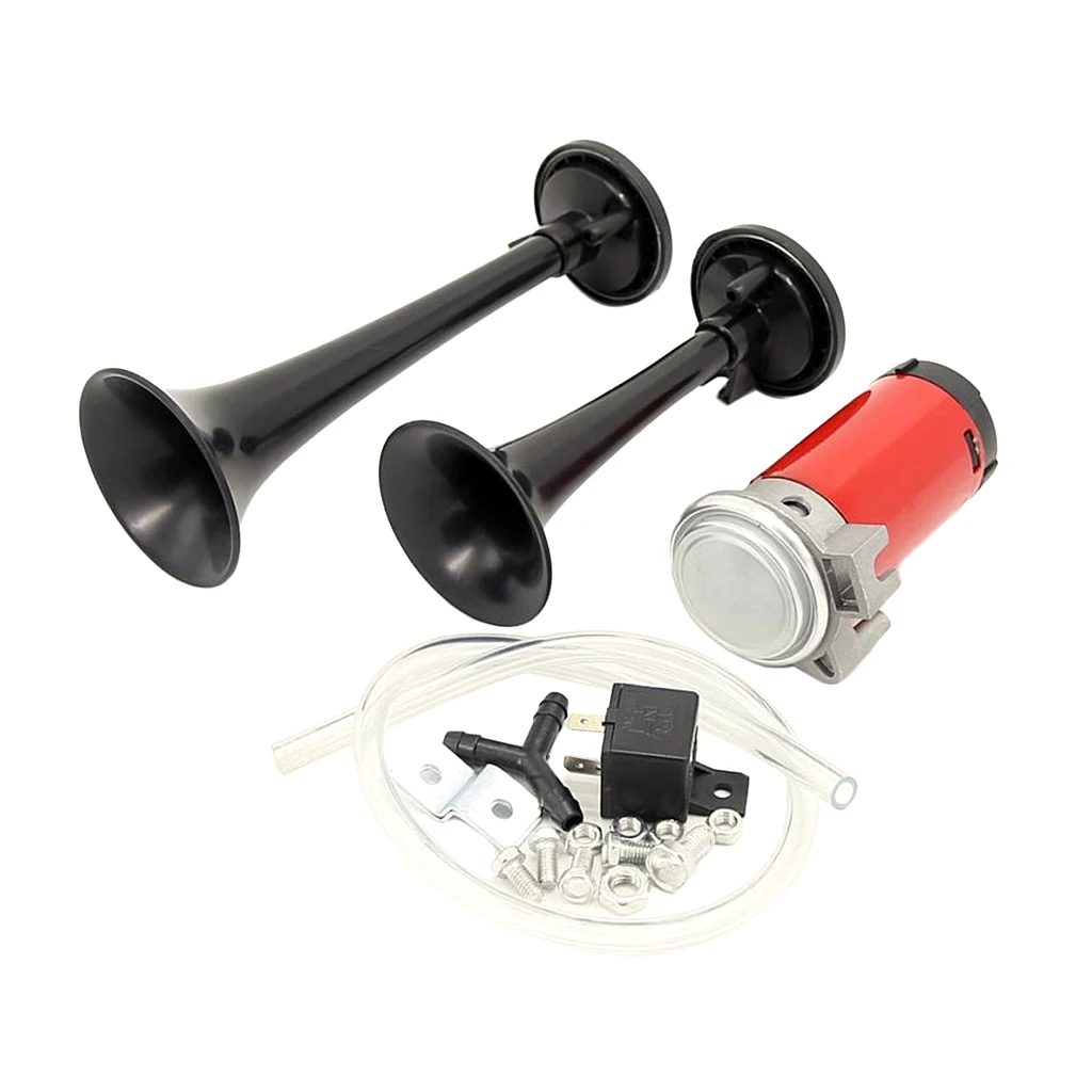 12V Dual Trumpet Air Horn - Premium Quality Stainless Steel Super Loud Powerful Train Car Van Truck Boat Air Horn - Black