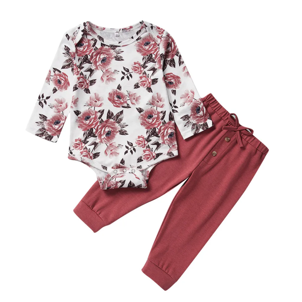 Комбинезон с длинными рукавами и цветочным рисунком для новорожденных девочек; штаны с бантом; комплект одежды; комплекты одежды для малышей; костюм; комплект одежды для новорожденных