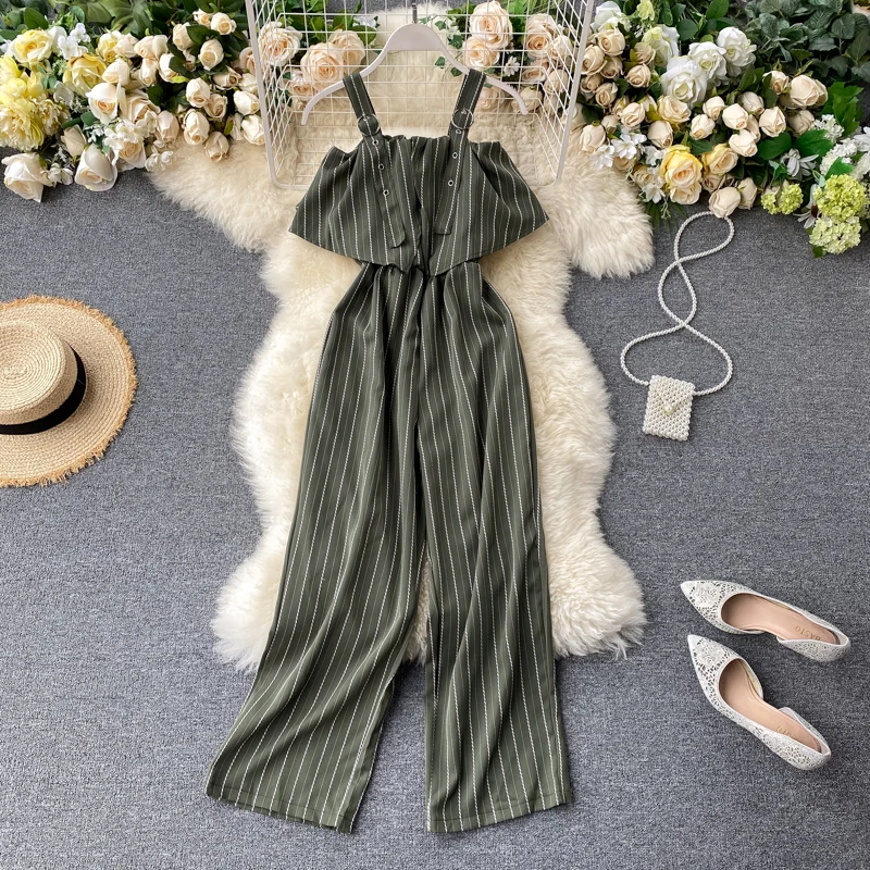 SINGRAIN Women Summer Ruffles Strap Long Pants Jumpsuits Korean Sleeveless Loose Sexy Beach Striped Wide Leg Rompers 2020 | Женская